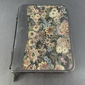 Vintage Franklin Covey Floral Tapestry Nappa Leather 7 Ring Planner Organizer